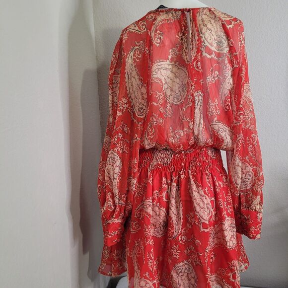 Zara XS dress elastic waist lining sheer longsleeve button elastic waist red - Picture 3 of 12